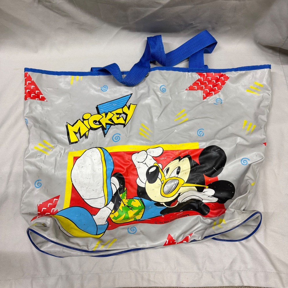 Vintage Disney Mickey Mouse Beach Bag Tote 90s Retro Vinyl Grey Blue Large